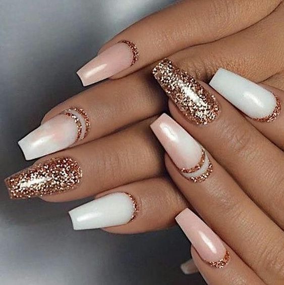 Chic Elegant Nail Design with Soft Pink, Crisp White, and Sparkling Glitter Accents.