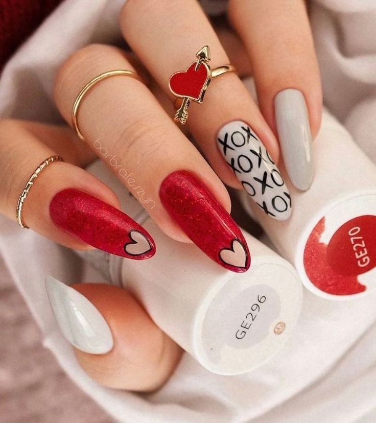 Charming Red and Gray Nail Art with Heart Motifs and 