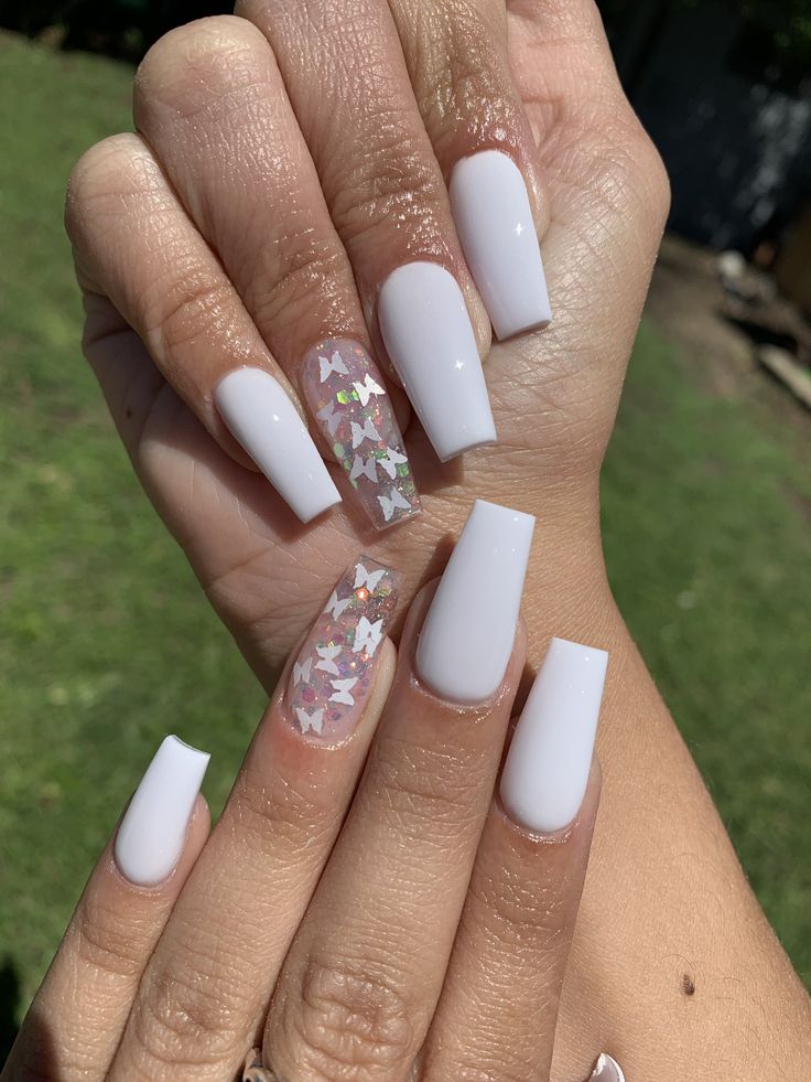 White Acrylic Nails With Butterflies