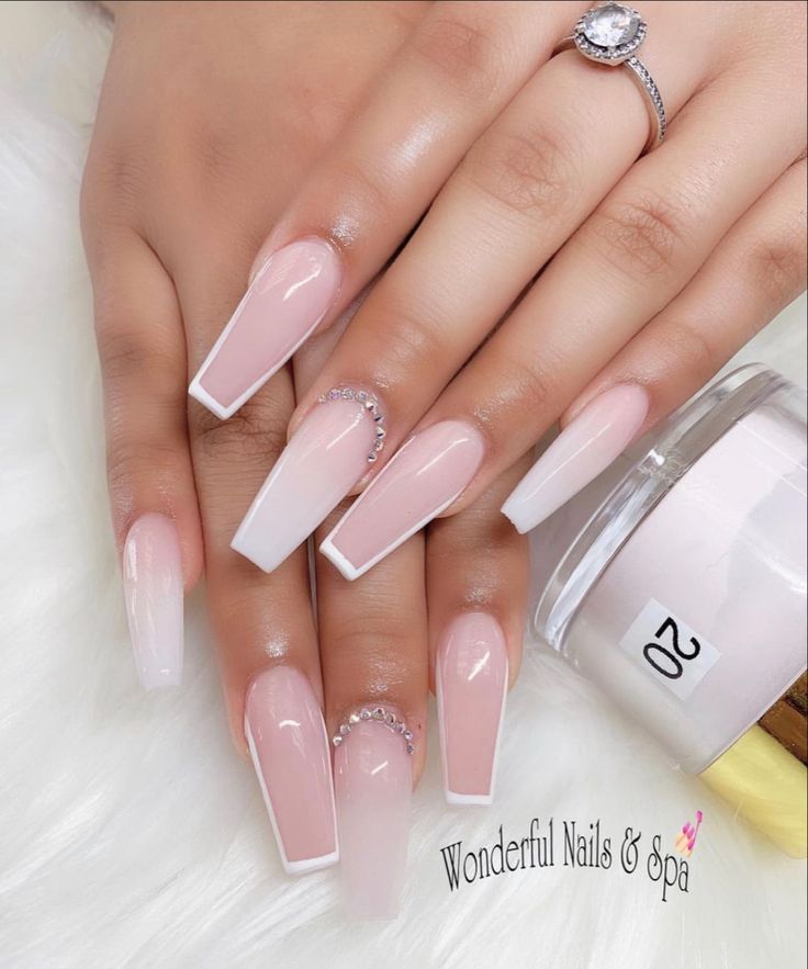 Chic Long Square Nail Design with Gradient Pink to Sparkling White and Glamorous Rhinestone Accents.