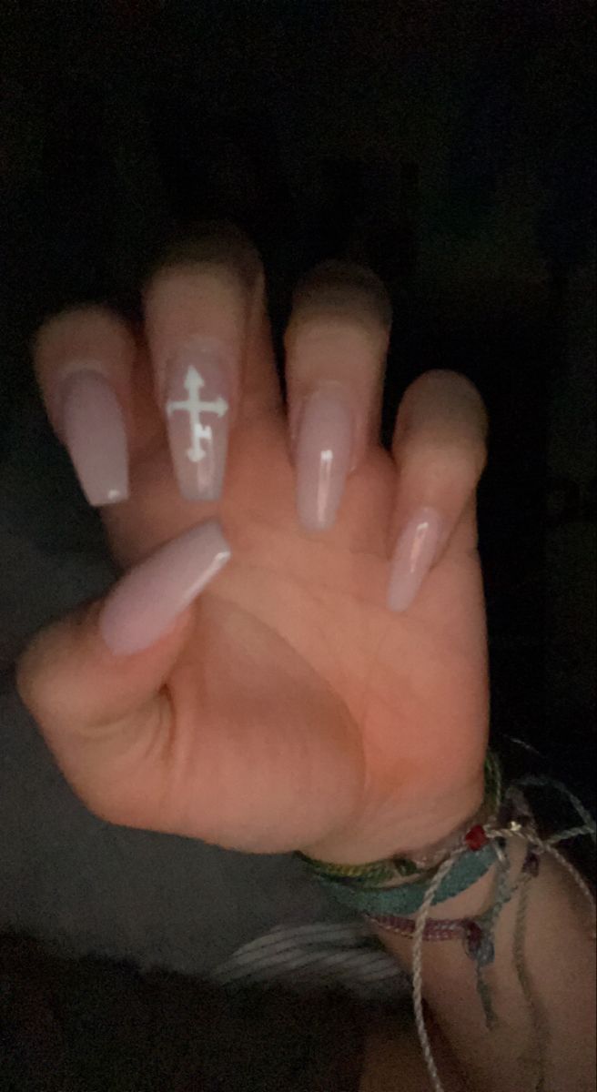 Chic Pastel Pink Long Nails with Unique White Accent Design.