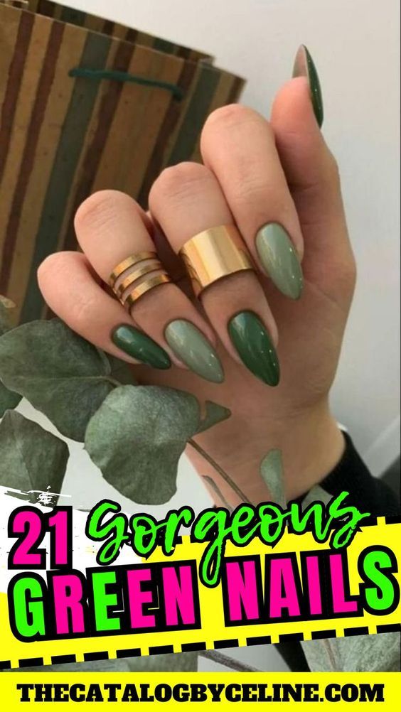 Elegant Green Almond Nails with Glossy Olive and Sage Shades, Accentuated by Chic Gold Rings.