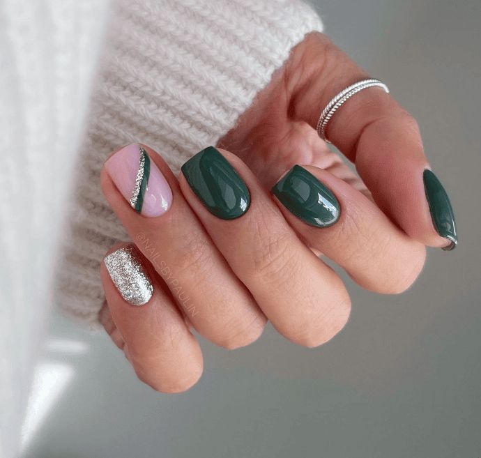 Elegant Nail Design with Glossy Green, Soft Pink, and Sparkling Silver Glitter.