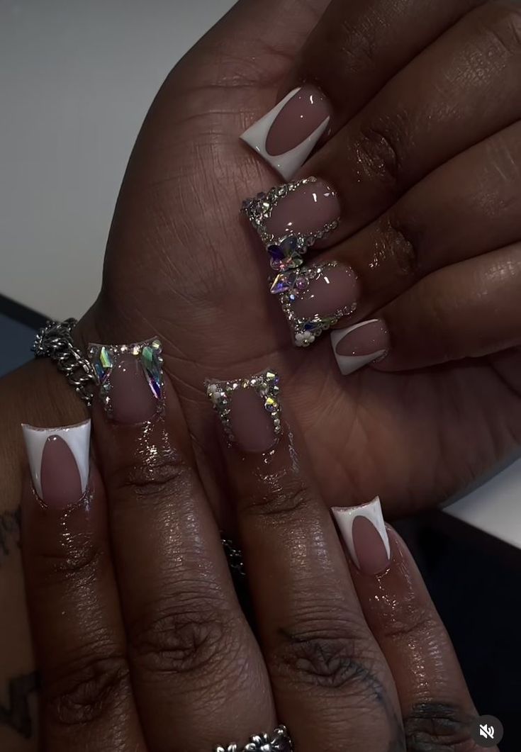 Chic French Manicure with Rhinestone Accents for a Glamorous Touch