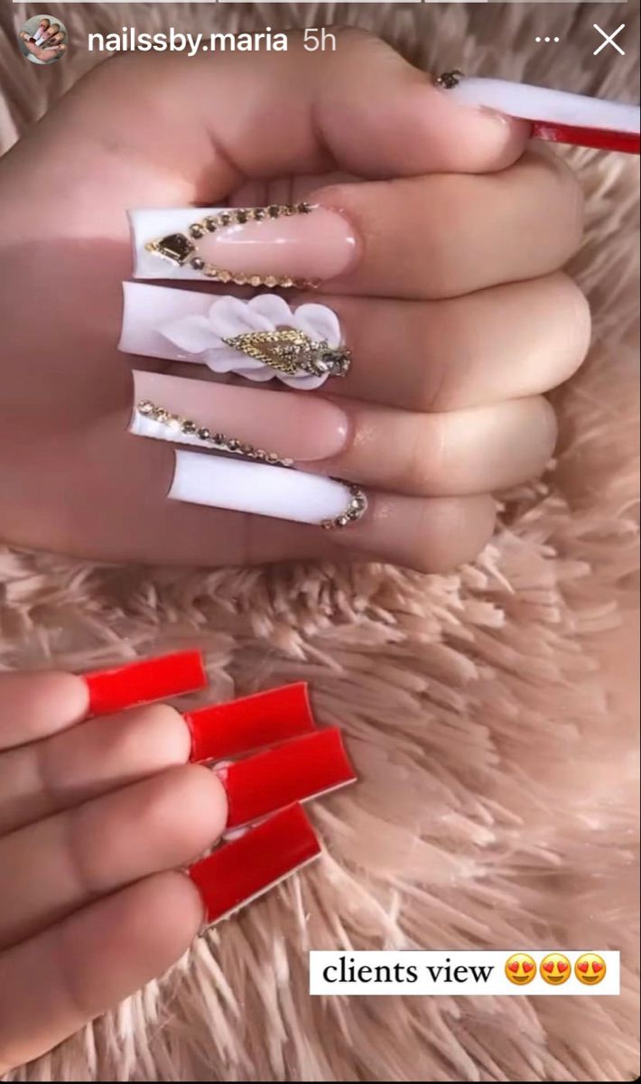 Luxurious Nail Design: White and Nude with Gold Accents and Bold Red Press-Ons.