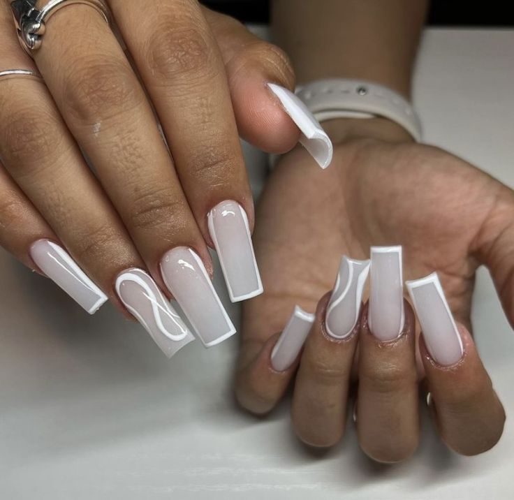 Chic Glossy White Nails with Elegant Design and Fluid Accent Lines