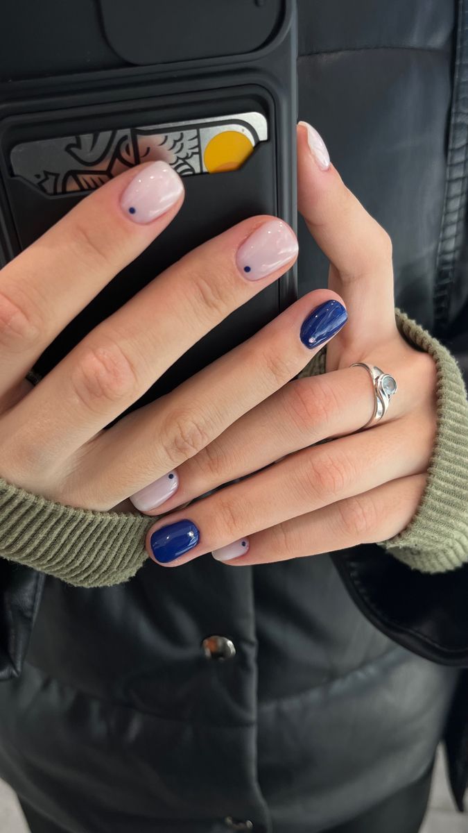 Elegant Nail Design: Soft Pink & Deep Navy with Playful Dot Accents