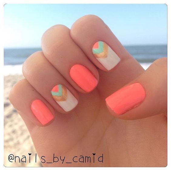 Trendy Summer Nail Design: Coral and White with Geometric Turquoise and Gold Accents