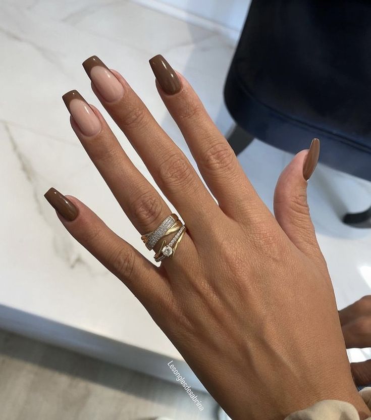 Sophisticated Nail Design: Rich Brown and Soft Nude Tones with Bold Squared Tips