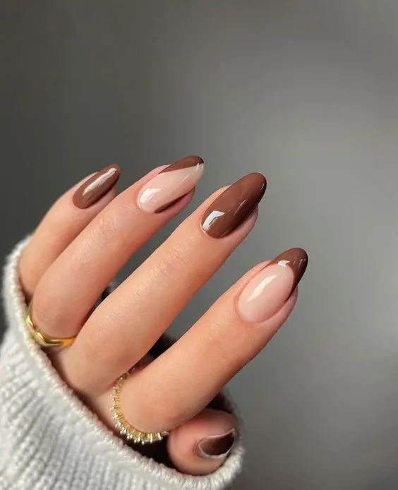 Chic Brown and Nude Pointed Nail Design for Everyday Sophistication