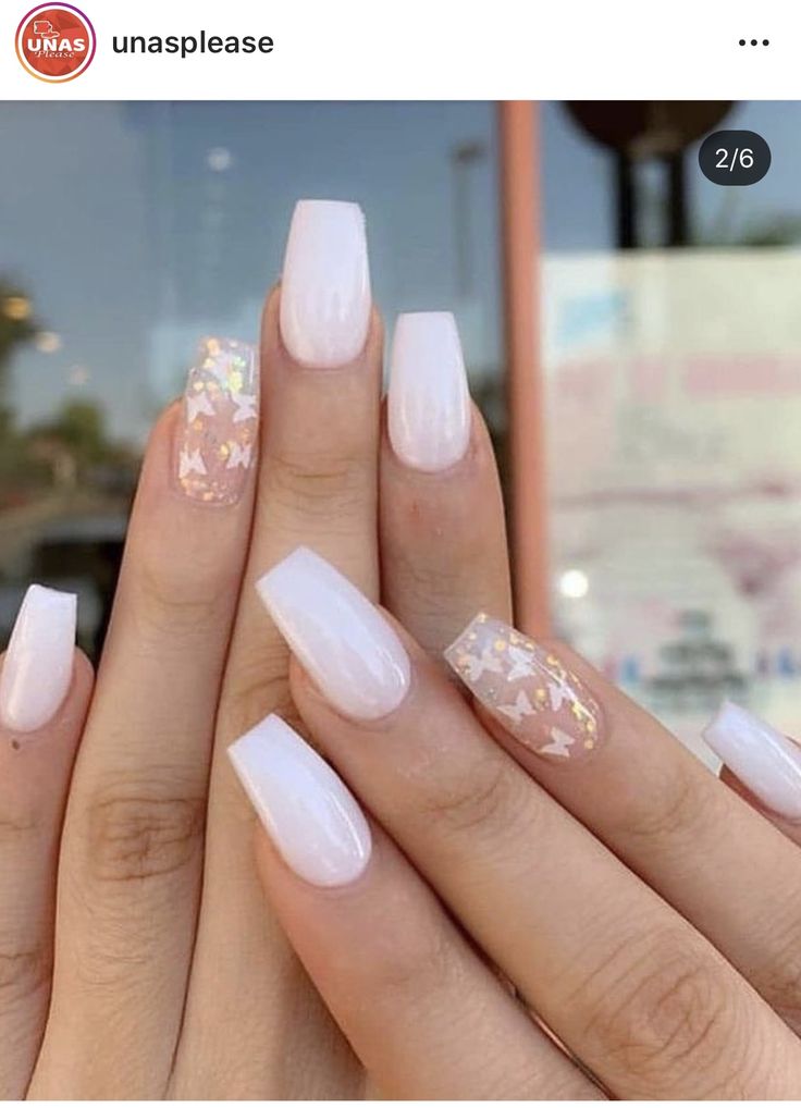 Chic Nail Design: Glossy White with Pastel Accents and Sparkling Flakes