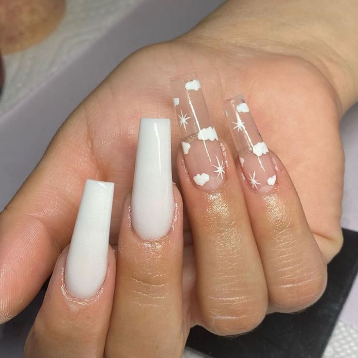 Whimsical Nail Design Blending Glossy White and Transparent Styles with Dreamy Cloud and Star Accents