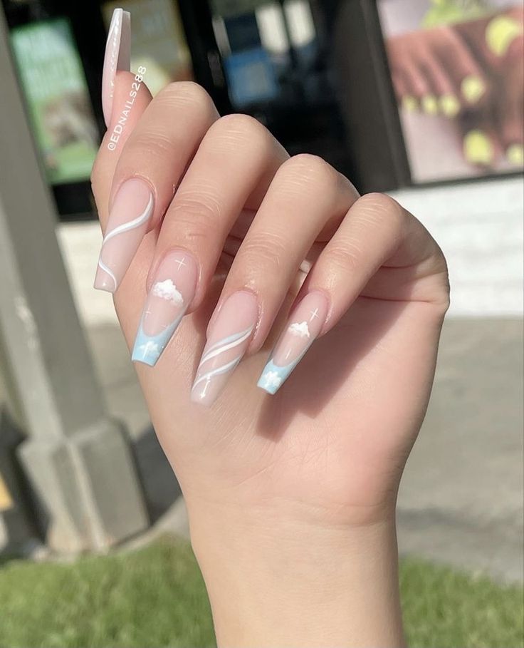 Elegant Pastel Nail Design with Cloud and Wave Patterns for a Trendy Summer Look