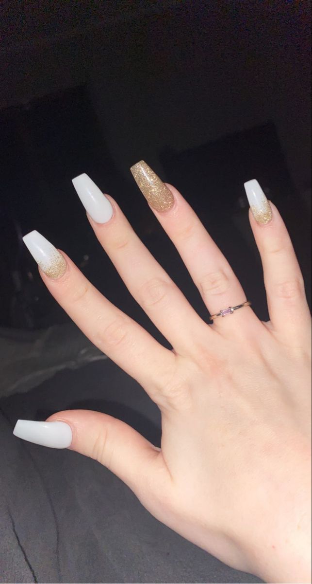 Sophisticated Nail Design: Sharp Squared Tips with Matte White and Shimmering Gold Accents