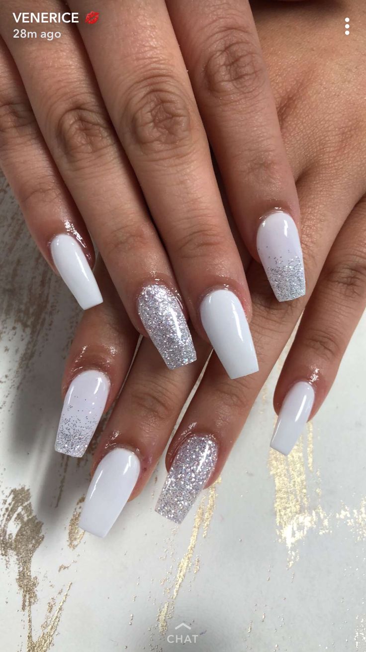 Chic Glossy White Nail Design with Shimmering Silver Accent