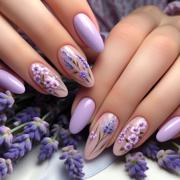 Delicate Floral Nail Design: Lavender and Pink Blossoms on Soft Base for a Spring-Inspired Manicure.