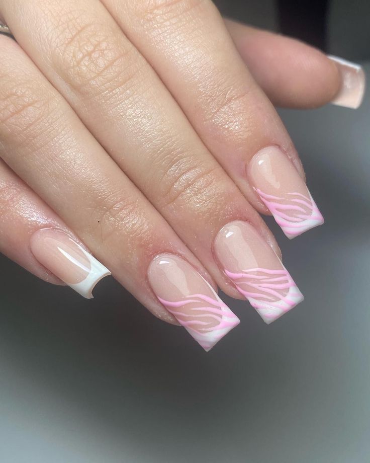 Sophisticated Nail Design: Natural Base with Artistic Pink Wave Tips.