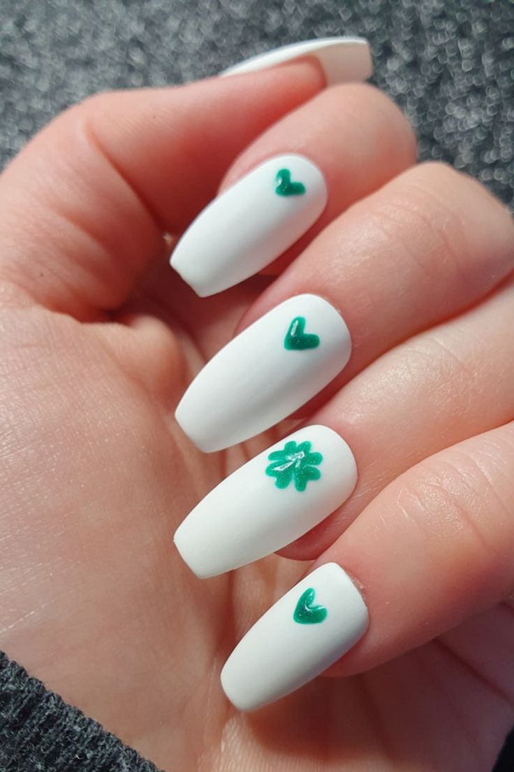 Playful Green Accents Enhance Elegant White Matte Nail Design