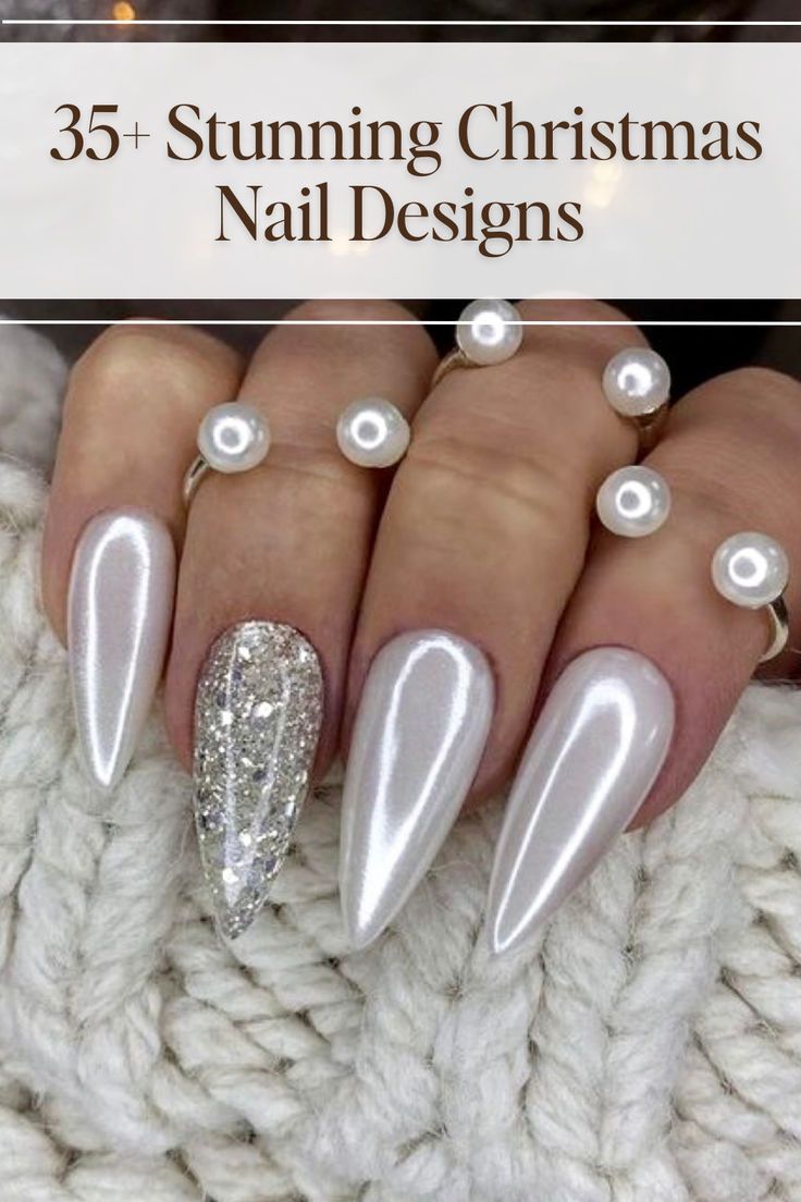 Sophisticated Holiday Nail Design: Glossy White and Sparkling Silver with Festive Flair and Chic Accents