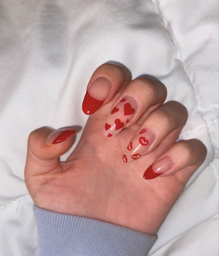 Playful Bold Red French Tips with Heart Patterns: A Charming Fusion of Elegance and Whimsy.