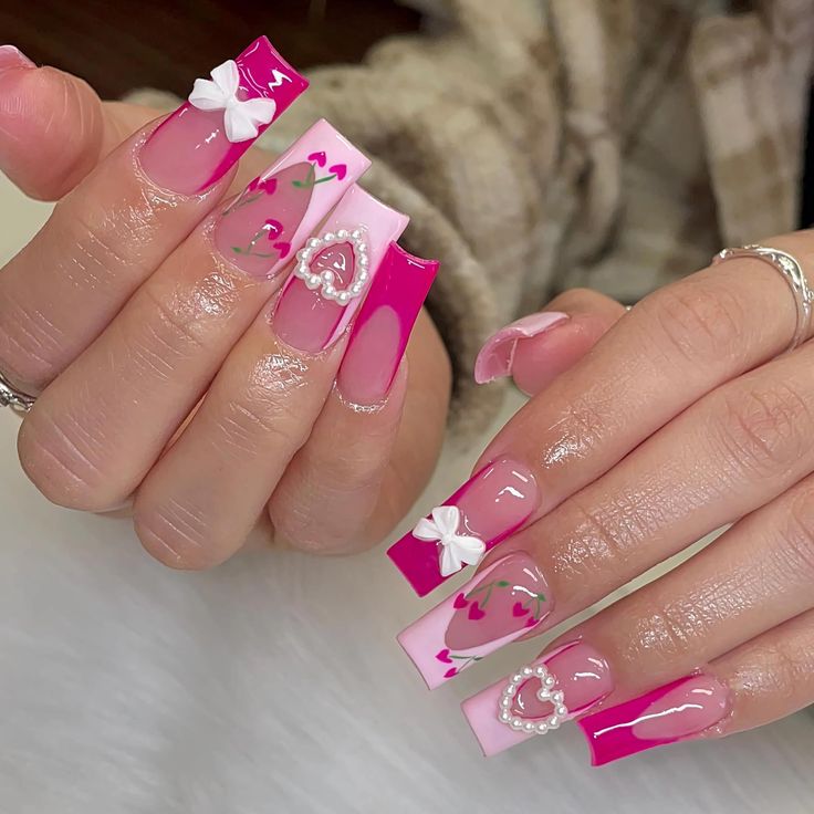 Playful Pink and Glossy Nail Design with White Bows and Heart Embellishments.