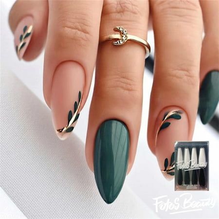 Sophisticated Deep Green and Nude Nail Design with Golden Accents and Leaf Patterns