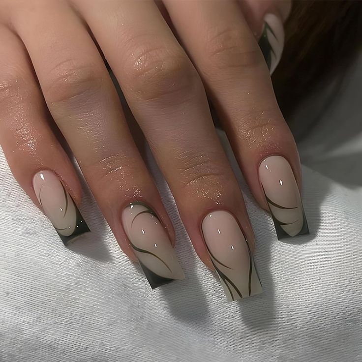 Chic Square Nail Design: Elegant Beige and Black with Abstract Lines