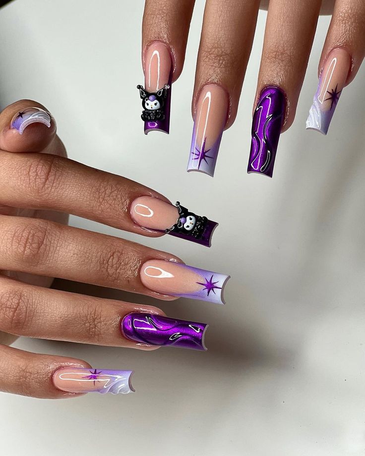 Whimsical Vibrant Nail Design: Glossy Purple and Sheer Nude with Intricate Motifs and 3D Embellishments.