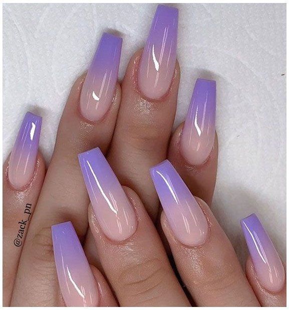 Elegant Ombre Nail Design: Soft Lavender to Nude Gradient in Long Rectangular Shape.