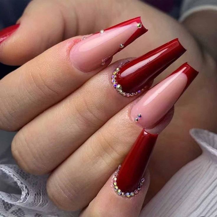 Chic Elegant Nail Design: Glossy Red and Nude with Rhinestone Accents