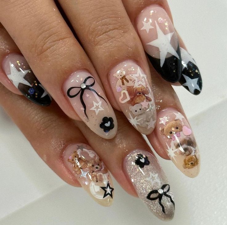 Playful Nail Design with Whimsical Characters and Festive Motifs.