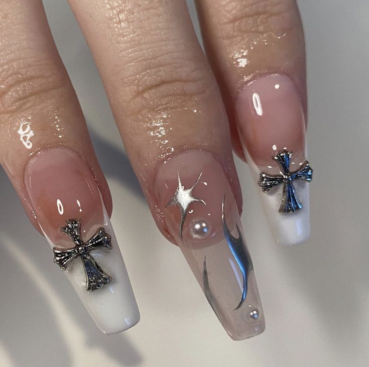 Sophisticated Elongated Acrylic Nails with Glossy Finish and Elegant Embellishments.