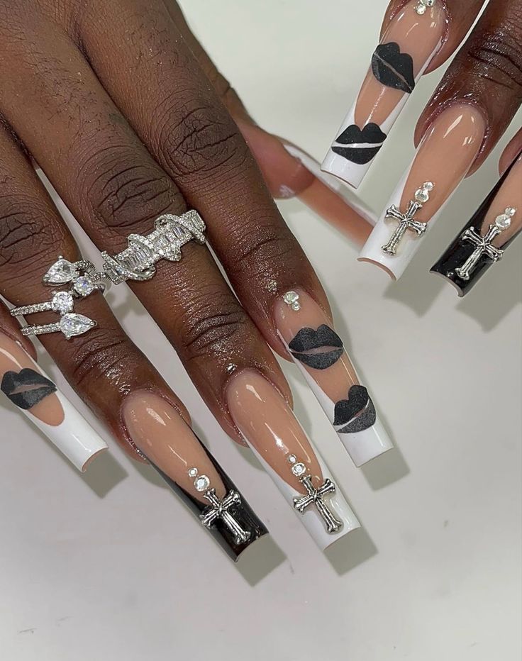 Chic and Edgy Long Nail Design: Nude and Bold Colors with Glamorous Accents