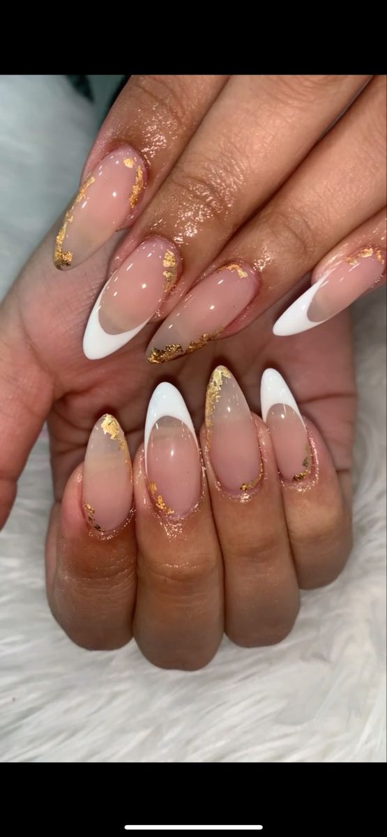 Chic Elegant Nail Design with Nude and White Shades Accented by Gold Foil