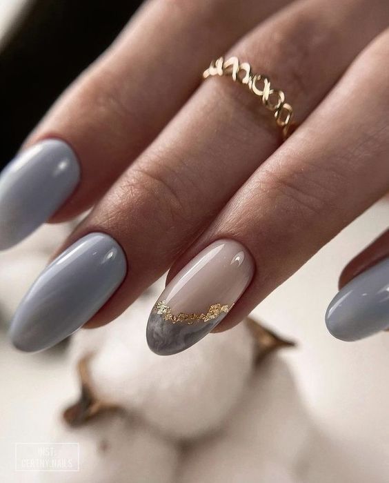 Sophisticated Gray Nail Design with Matte-Gloss Finish and Luxe Marble Accent.