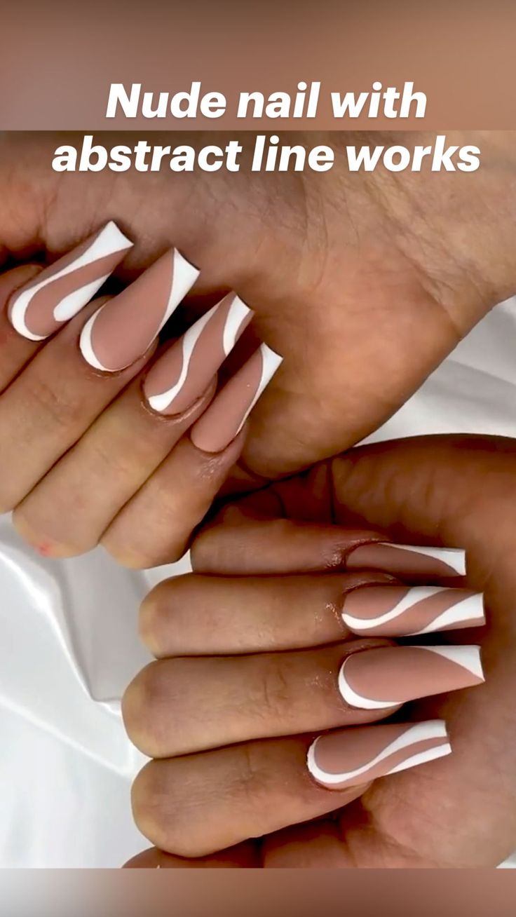 Chic Nude Nails with Artistic Abstract Line Designs