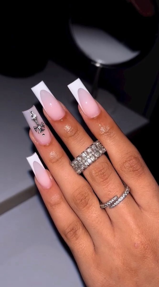 Chic Ombre Nail Design with Square Tips and Elegant Embellishments.