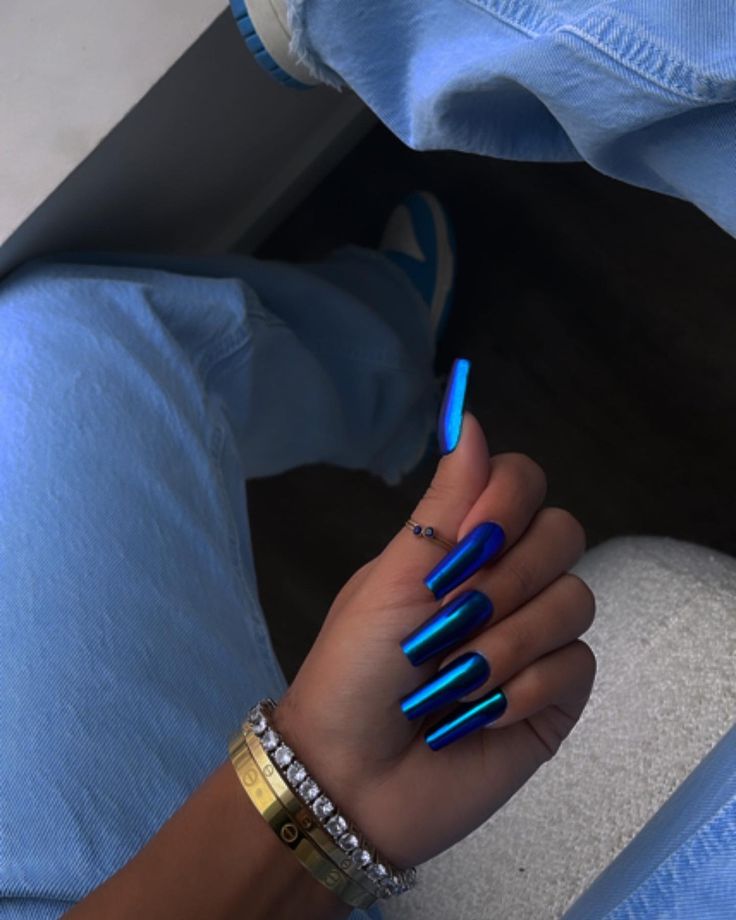 Chic Long Nails with Striking Deep Blue and Metallic Gradient for a Bold Look.