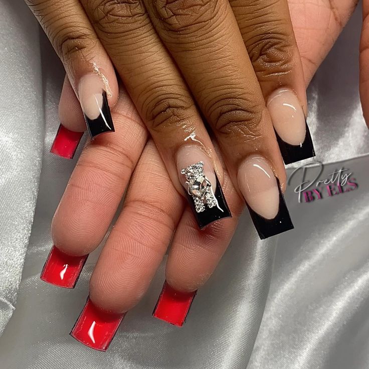 Bold Dual-Tone Nail Design with Rhinestone Elegance