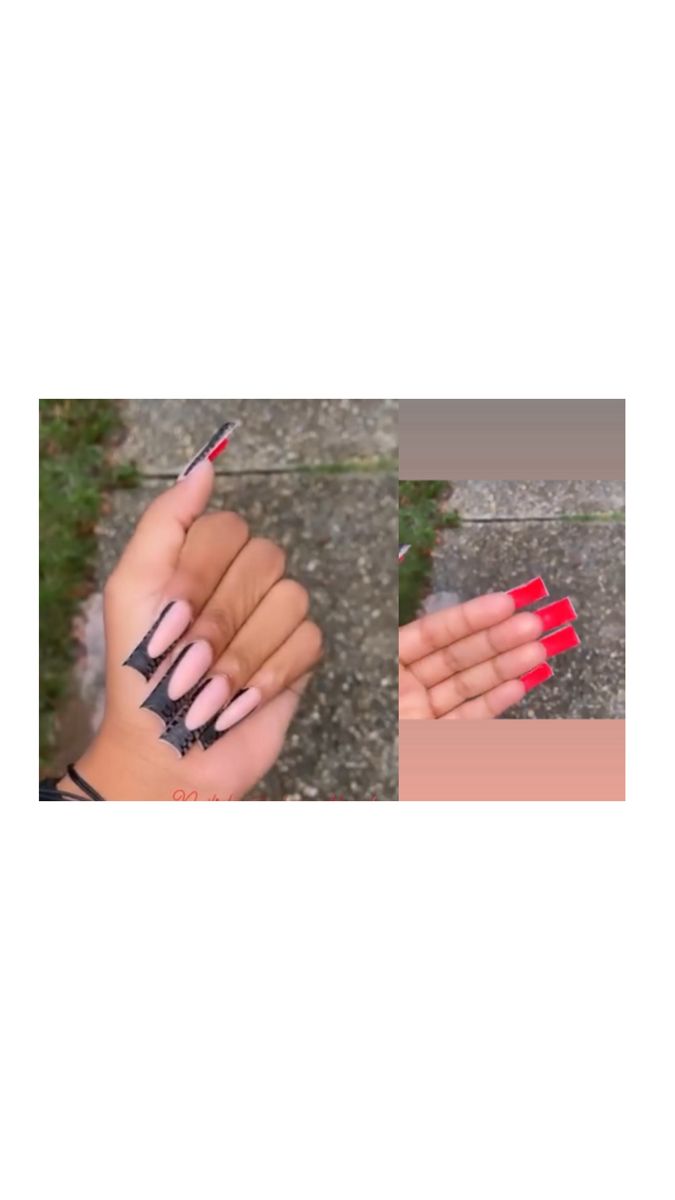 Chic Nail Designs: Elegant Nude with Black Lace and Vibrant Red Contrast