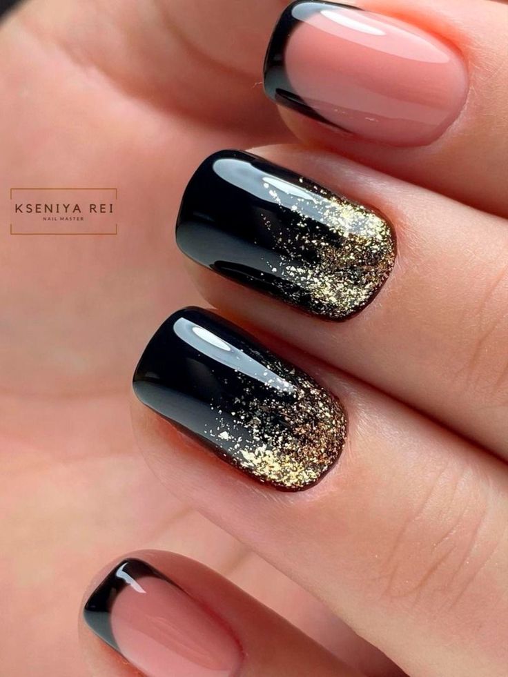 Chic Nail Design: Glossy Black and Soft Nude with Golden Glitter Gradient