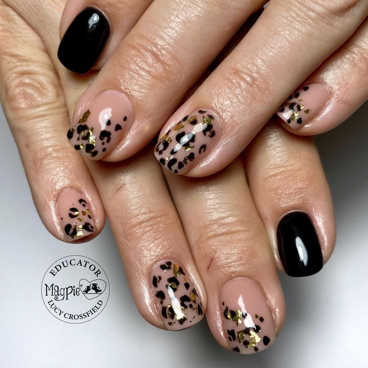 Chic Nude and Leopard Print Nail Design with Glitter Accents.