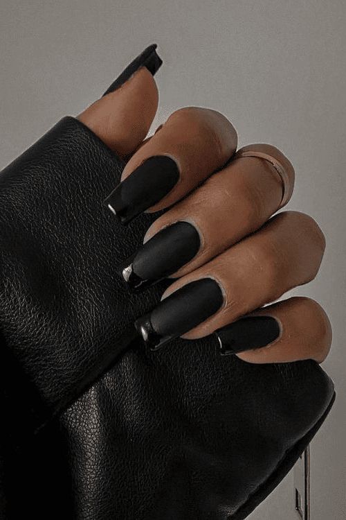 Elegant Black Matte Manicure with Long Square Nails and Leather Glove