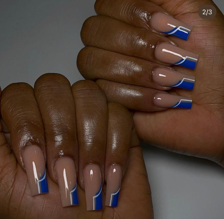 Chic Nude and Blue Nail Design with Glossy Finish and Geometric Pattern for Any Occasion