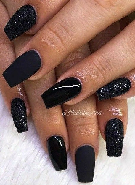 Sophisticated Bi-Texture Black Nail Design with Glitter Accents for Formal Occasions.