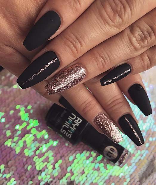 Chic Matte Black and Sparkling Rose Gold Nail Design for Sophisticated Elegance.