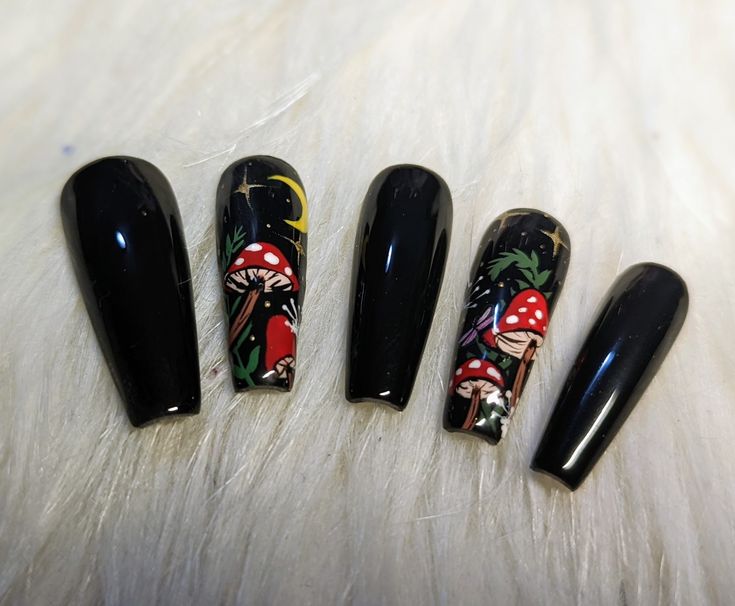 Enchanting Black Base Nail Design with Whimsical Mushroom Illustrations.