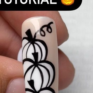 Chic Autumn Nail Art: Intricate Black Pumpkin Illustrations on Nude Background.