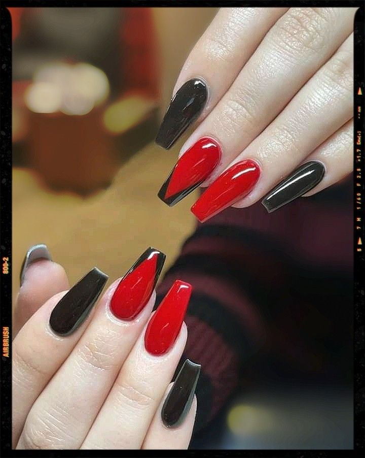 Dramatic Red and Black Coffin Nail Design with Glossy Finish