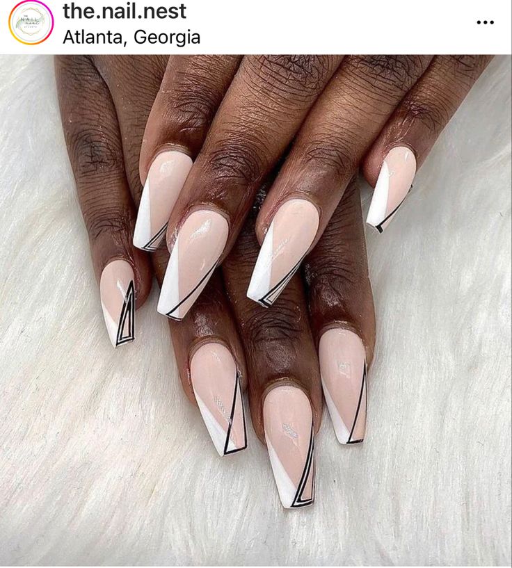 Chic Nude and White Tip Nail Design with Geometric Black Accents.